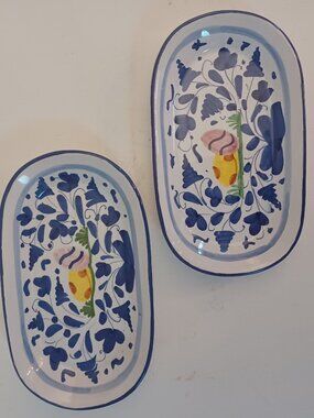 Vintage Set of 2 Sambuco Mario Deruta Italy Arabesco Blue Nest Oval Trinket Tray